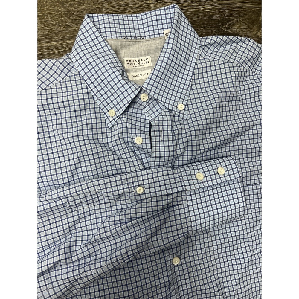 Brunello Cucinelli Plaid Button Down Shirt Mens Medium Blue Basic Fit